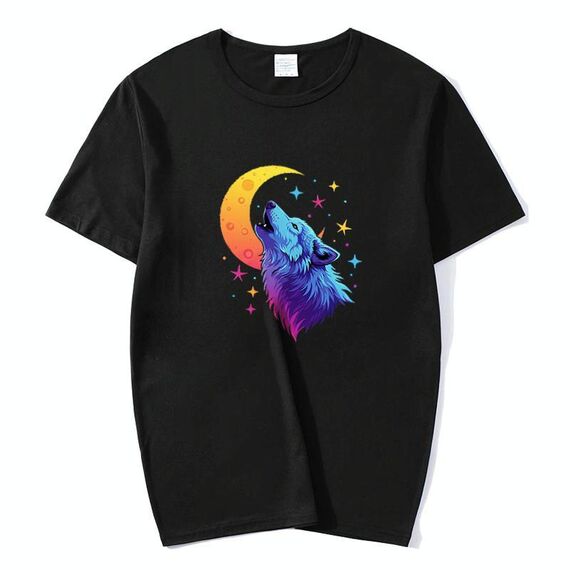 Maglietta a maniche corte in modal con scollo rotondo e stampa Moon Wolf, stampa su richiesta, taglia: XXXXL (nero)