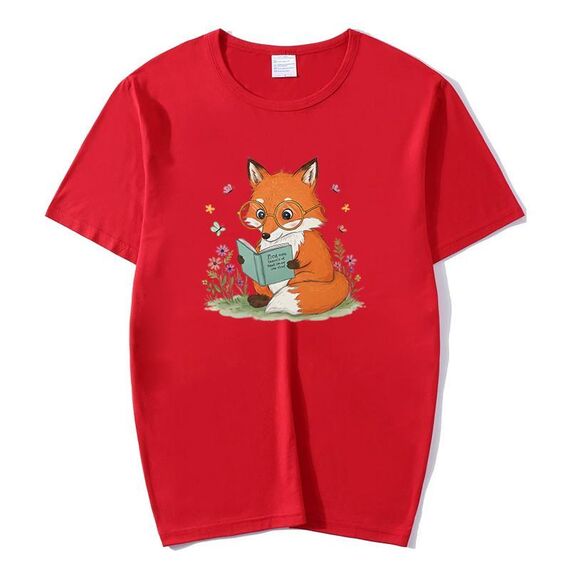 T-shirt a maniche corte in modal con scollo rotondo stampato Reading Fox, stampa su richiesta, taglia: XXXL (rosso)