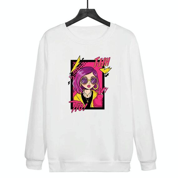 Felpa con scollo rotondo casual e ampia stampata con ragazza dai capelli viola, stampa su richiesta, taglia: S (bianco)