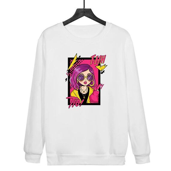 Felpa girocollo casual larga stampata con ragazza con capelli viola, stampa su richiesta, taglia: M (bianco)