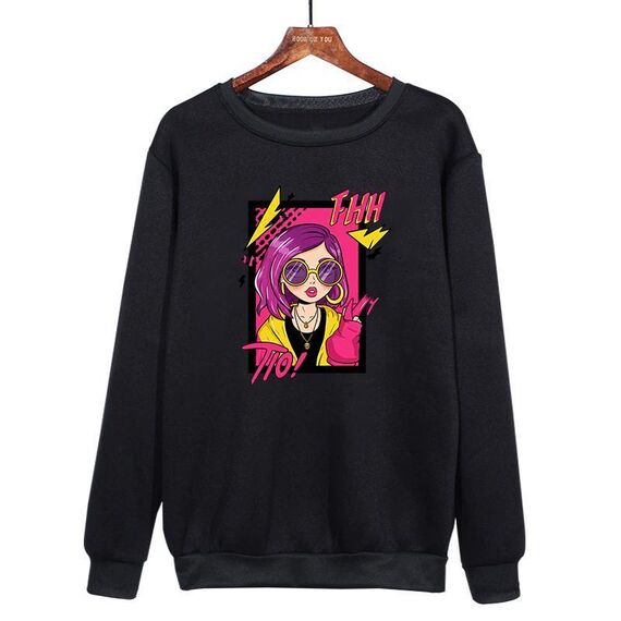 Felpa con scollo rotondo casual e ampia stampata con ragazza dai capelli viola, stampa su richiesta, taglia: XXL (nero)
