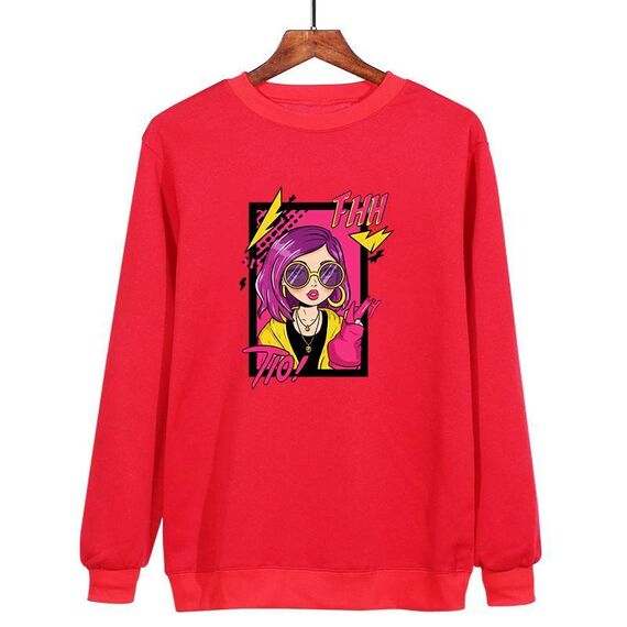 Felpa con scollo rotondo casual e larga stampata con ragazza dai capelli viola, stampa su richiesta, taglia: XXXL (rosso)