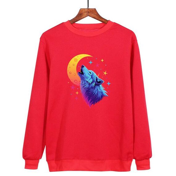 Felpa girocollo casual larga stampata con lupo luna, stampa su richiesta, taglia: XS (rosso)