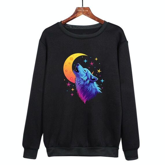 Felpa girocollo casual larga stampata con lupo luna, stampa su richiesta, taglia: XL (nero)