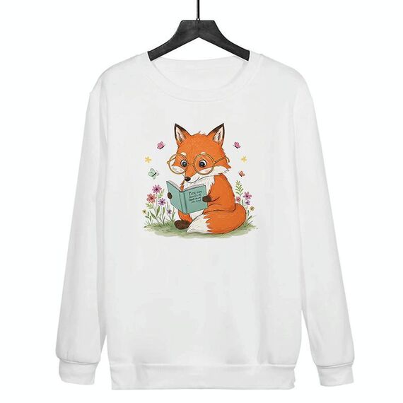 Felpa girocollo casual larga con stampa "Reading Fox" stampata su richiesta, taglia: S (bianco)