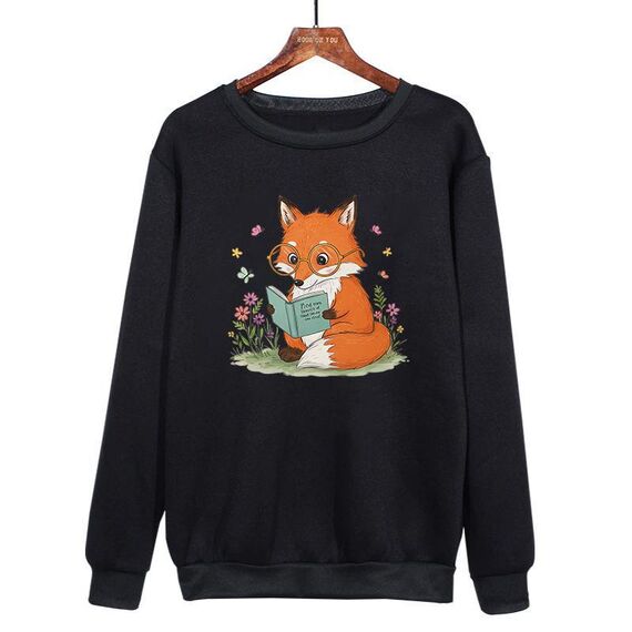Felpa girocollo casual larga con stampa "Reading Fox" stampata su richiesta, taglia: L (nero)