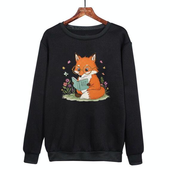 Felpa girocollo casual larga con stampa "Reading Fox" stampata su richiesta, taglia: XXXL (nero)
