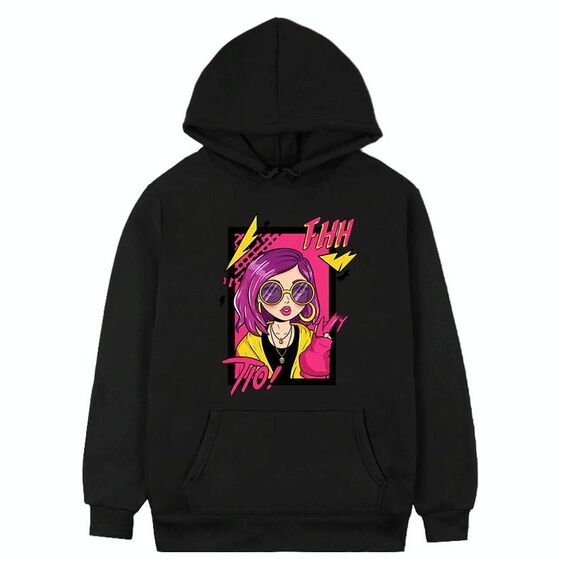 Felpa con cappuccio in pile stampato con ragazza dai capelli viola Stampa su richiesta, taglia: XL (nero)