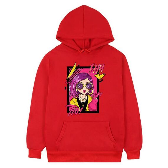Felpa con cappuccio in pile stampato con ragazza dai capelli viola Stampa su richiesta, taglia: XL (rosso)