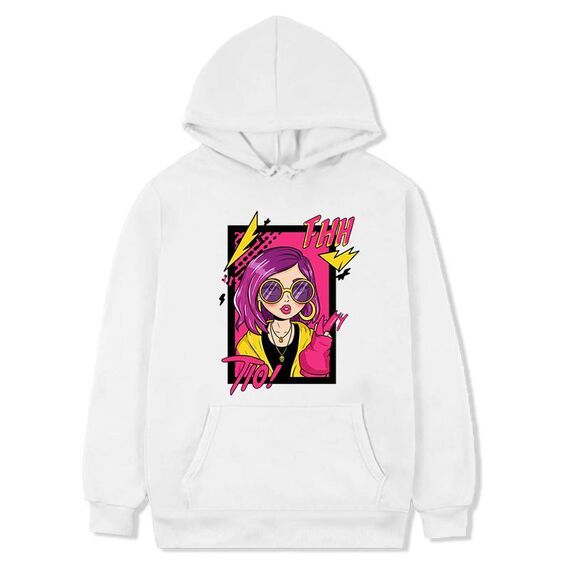 Felpa con cappuccio in pile stampato con ragazza dai capelli viola Stampa su richiesta, taglia: XXXL (bianco)