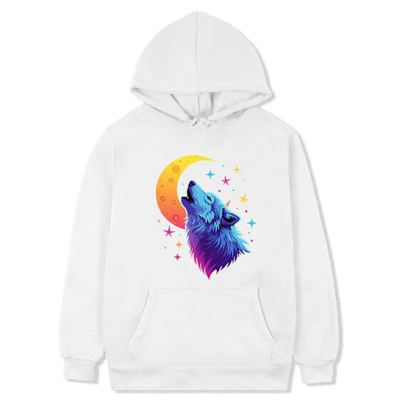 Felpa con cappuccio in pile stampato Moon Wolf Stampa su richiesta, taglia: S (bianco)