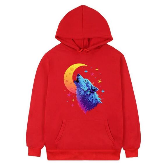 Felpa con cappuccio in pile stampato Moon Wolf Stampa su richiesta, taglia: M (rosso)