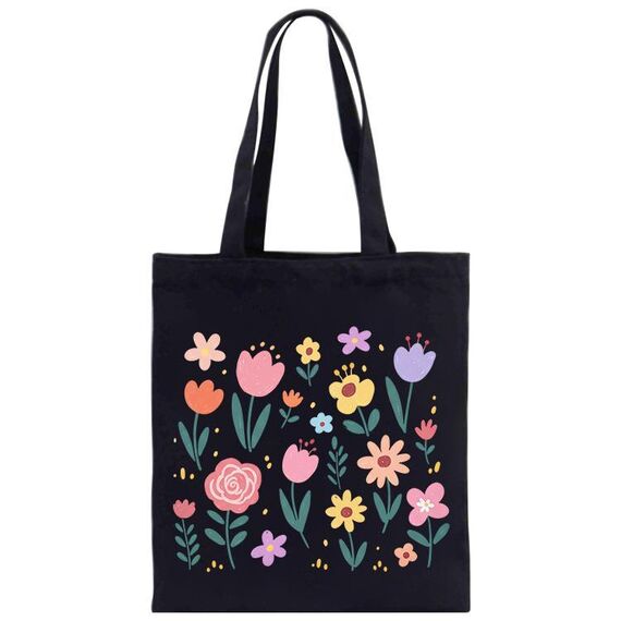 Borsa a mano in tela stampata con giardino colorato, stampa su richiesta, dimensioni: 35x30 cm (nero)