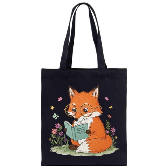 Borsa a mano in tela stampata Reading Fox su richiesta, dimensioni: 30x25 cm (nero)