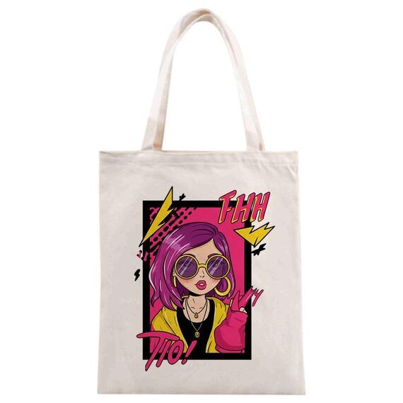 Borsa a mano in tela stampata con ragazza dai capelli viola, stampa su richiesta, dimensioni: 25x20 cm (beige)