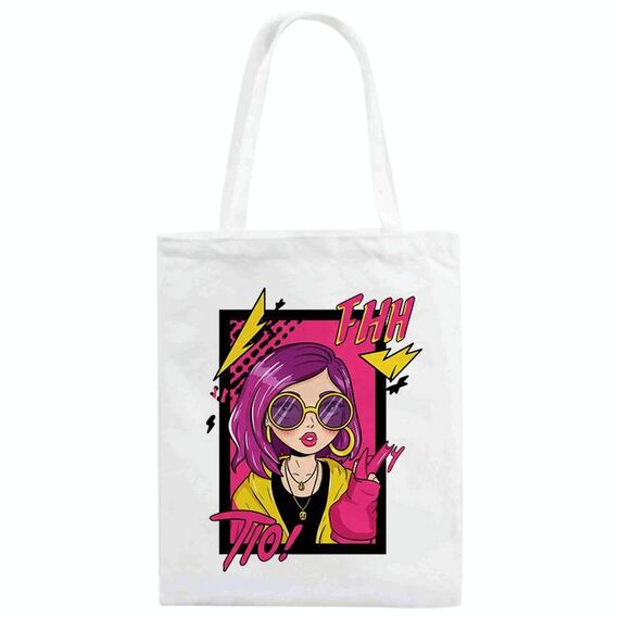 Borsa a mano in tela stampata con ragazza dai capelli viola, stampa su richiesta, dimensioni: 40x35 cm (bianco)