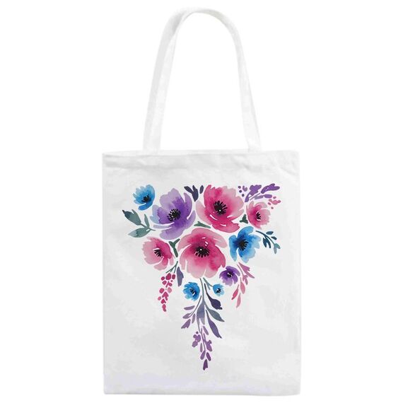 Stampa su tela con fiori ad acquerello su borsa a richiesta, dimensioni: 25x20 cm (bianco)