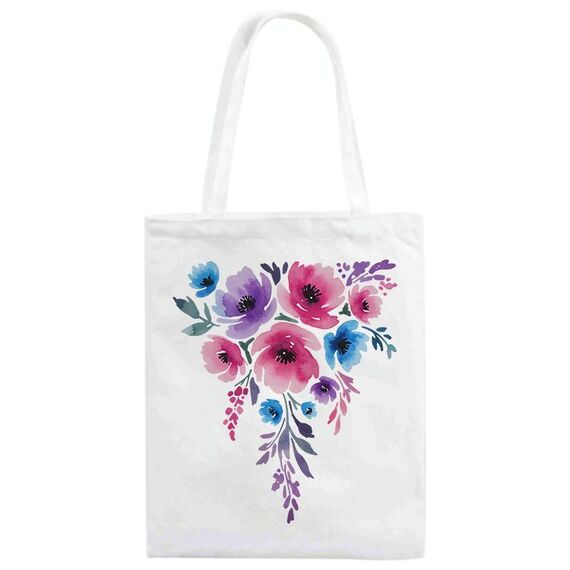 Stampa su tela con fiori ad acquerello su borsa a richiesta, dimensioni: 30x25 cm (bianco)