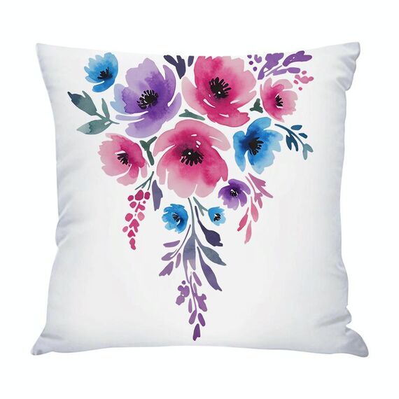 Federa per cuscino da divano con stampa di fiori ad acquerello, senza stampa centrale, su richiesta, dimensioni: 45x45 cm (raso brillante)