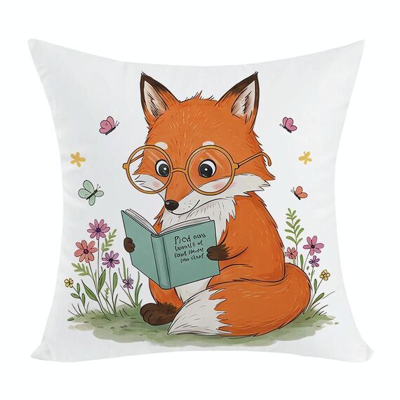 Federa per cuscino da divano stampata con volpe da lettura, senza stampa centrale, su richiesta, dimensioni: 35x35 cm (peluche corto)
