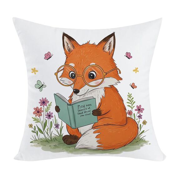 Federa per cuscino da divano stampata con motivo Reading Fox, senza stampa centrale, su richiesta, dimensioni: 35x35 cm (velluto color pesca)