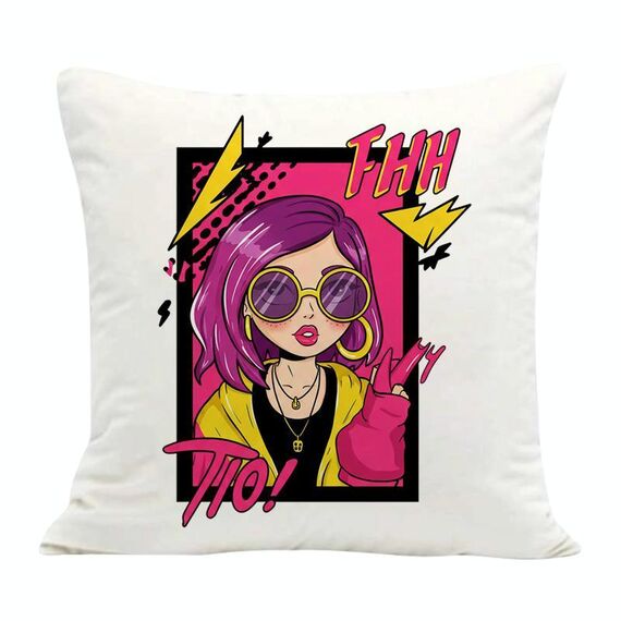 Cuscino per divano stampato con ragazza dai capelli viola con stampa centrale su richiesta, dimensioni: 35x35 cm (velluto olandese)