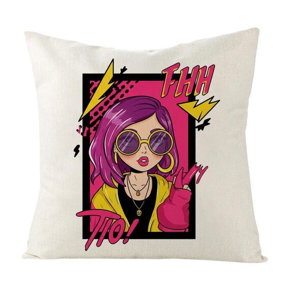 Cuscino per divano stampato con ragazza dai capelli viola con stampa centrale su richiesta, dimensioni: 35x35 cm (lino bianco)