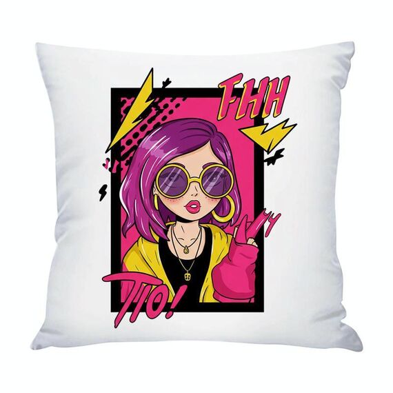 Cuscino per divano stampato con ragazza dai capelli viola con stampa centrale su richiesta, dimensioni: 35x35 cm (raso brillante)