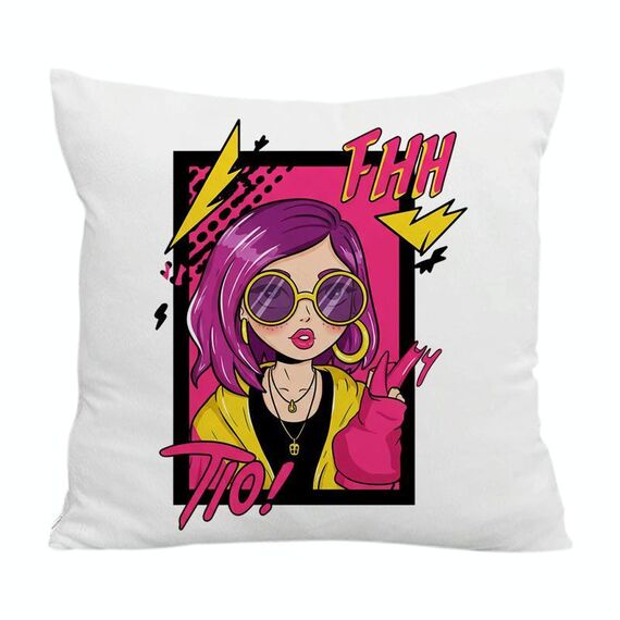 Cuscino per divano stampato con ragazza dai capelli viola con stampa centrale su richiesta, dimensioni: 35x35 cm (velluto di cristallo)