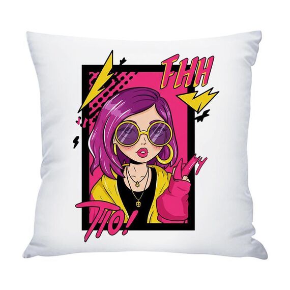 Cuscino per divano stampato con ragazza dai capelli viola con stampa centrale su richiesta, dimensioni: 60x60 cm (raso brillante)