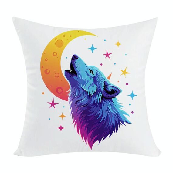Cuscino per divano stampato Moon Wolf con stampa centrale su richiesta, dimensioni: 60x60 cm (peluche corto)