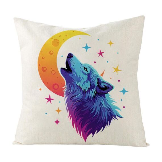 Cuscino per divano stampato Moon Wolf con stampa centrale su richiesta, dimensioni: 60x60 cm (lino bianco)