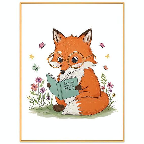 Dipinto decorativo Reading Fox con cornice in lega di alluminio, stampa su richiesta, dimensioni: 15x20 cm