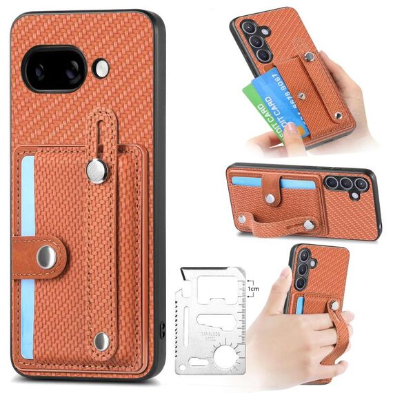 Per Google Pixel 9a cinturino da polso cavalletto portafoglio carta cover posteriore custodia per telefono con coltello utensile (marrone)