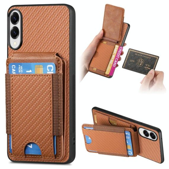 Per Samsung Galaxy S25 Edge 5G Custodia per telefono con supporto a portafoglio verticale in fibra di carbonio (marrone)