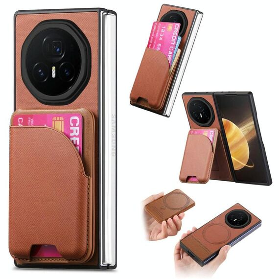 Custodia per telefono con retro magnetico in pelle e tessuto Twill per Honor Magic V3 (marrone)