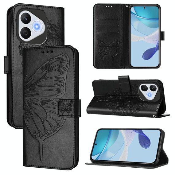 Custodia in pelle con motivo a farfalla in rilievo per Honor 400 Lite (nero)