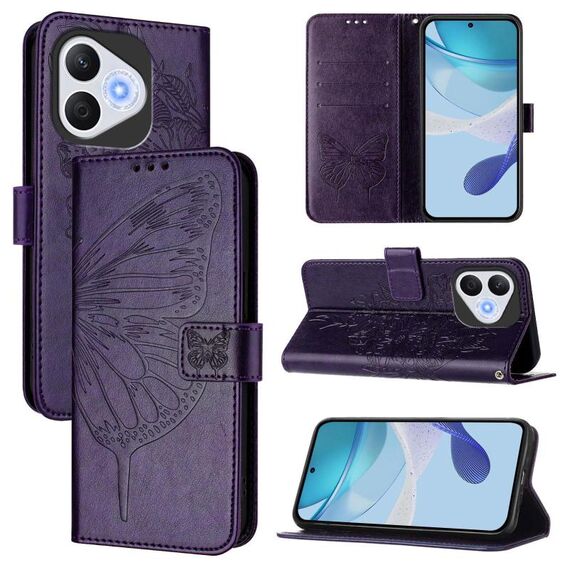 Custodia in pelle con motivo a farfalla in rilievo per Honor 400 Lite (viola scuro)