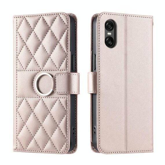 Per Sony Xperia 5 V Ring Buckle Custodia in pelle rombica per telefono (oro rosa)