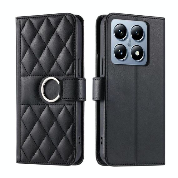 Per Xiaomi 14T Pro Custodia per telefono in pelle con fibbia ad anello rombica (nera)