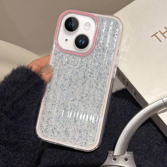 Per iPhone 14 Plus Custodia per telefono in TPU ibrido PC ondulato glitterato (rosa)