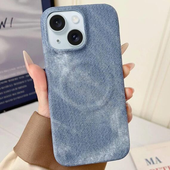 Per iPhone 15 Plus Denim MagSafe Custodia magnetica per PC + PU per telefono (blu grigiastro)