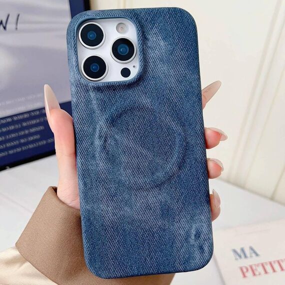 Per iPhone 15 Pro Denim MagSafe Custodia magnetica per PC + PU Custodia per telefono (blu scuro)