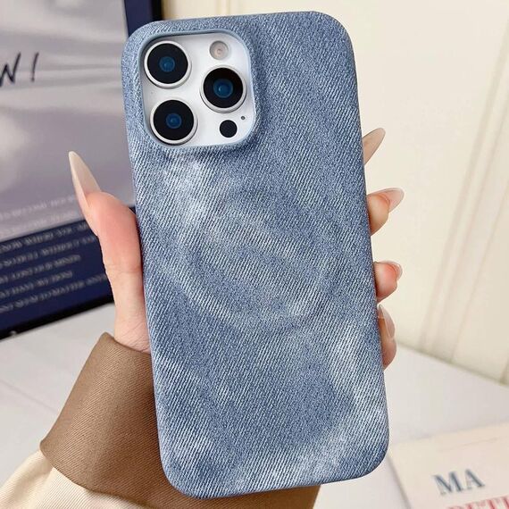 Per iPhone 15 Pro Max Denim MagSafe Custodia magnetica per PC + PU Custodia per telefono (blu grigiastro)