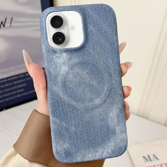 Per iPhone 16 Plus Denim MagSafe Custodia magnetica per PC + PU Custodia per telefono (blu grigiastro)