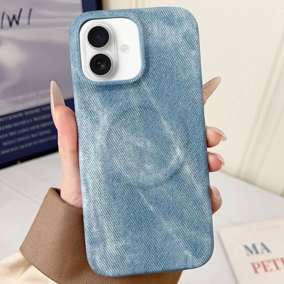 Per iPhone 16 Plus Denim MagSafe Custodia magnetica per PC + PU Custodia per telefono (azzurro chiaro)
