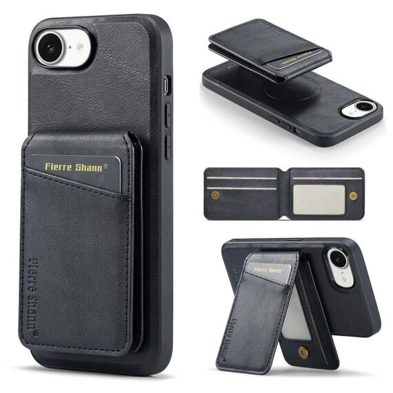 Per iPhone 16e Fierre Shann Custodia per telefono con porta carte magnetico verticale in pelle di mucca (nero)