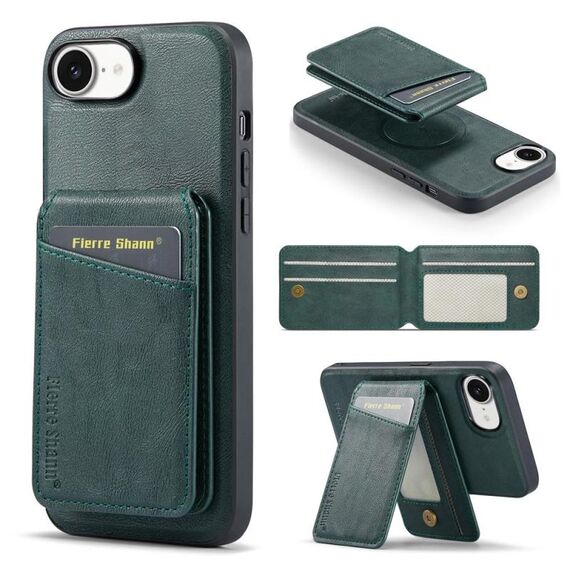 Per iPhone 16e Fierre Shann Custodia per telefono con porta carte magnetico verticale in pelle di mucca (verde)