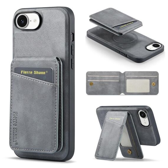 Per iPhone 16e Fierre Shann Custodia per telefono con porta carte magnetico verticale in pelle di mucca (grigio)