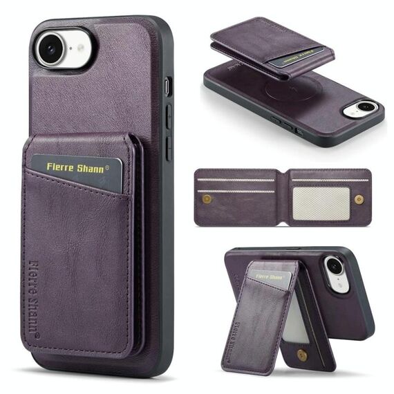 Per iPhone 16e Fierre Shann Custodia per telefono con porta carte magnetico verticale in pelle di mucca (viola)